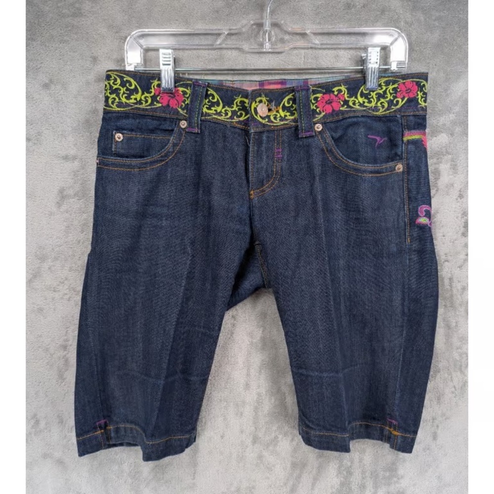 Dark Denim Shorts with Floral Trim